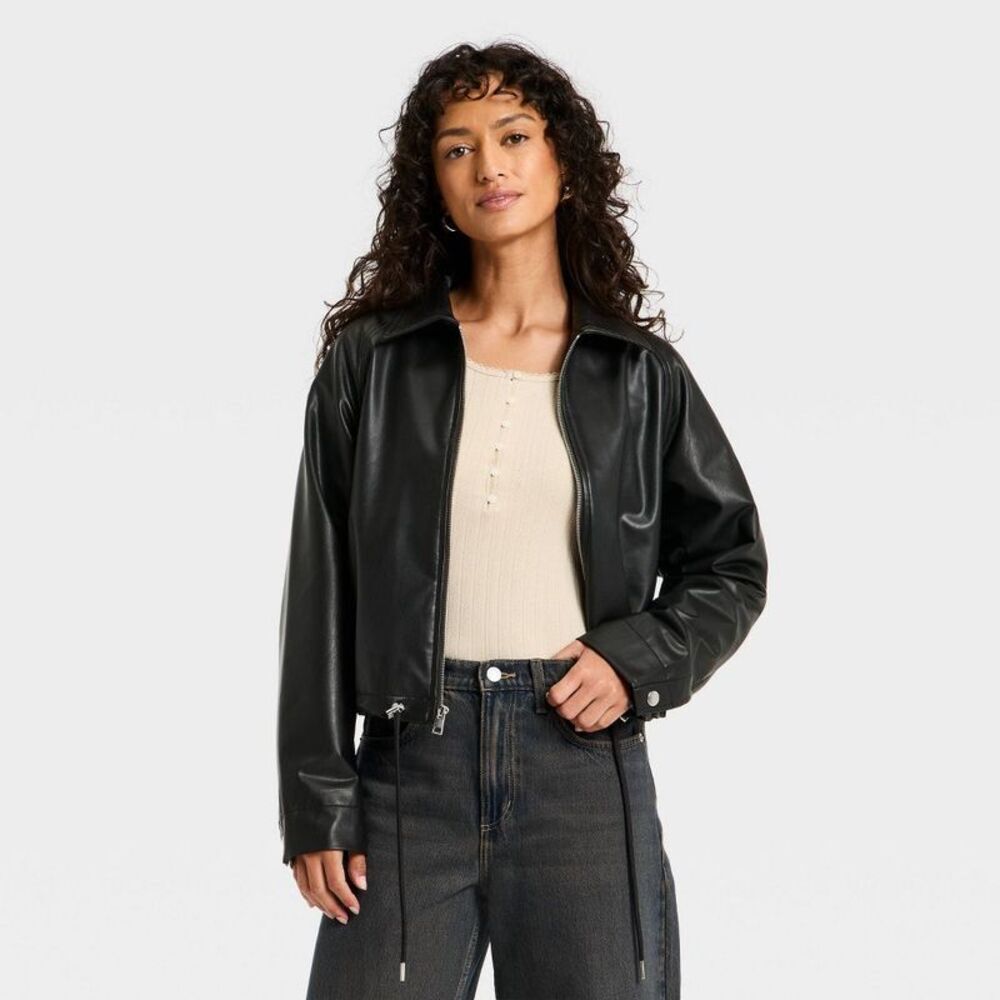 Women's Faux Leather Bubble Jacket - Universal Thread Black XL